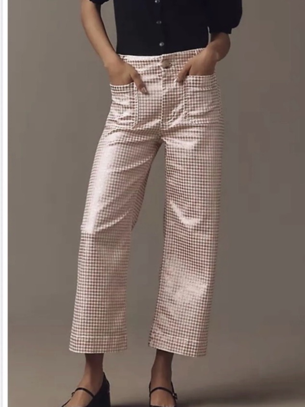 High-Waist white-gold Gingham Wide-Leg Pants